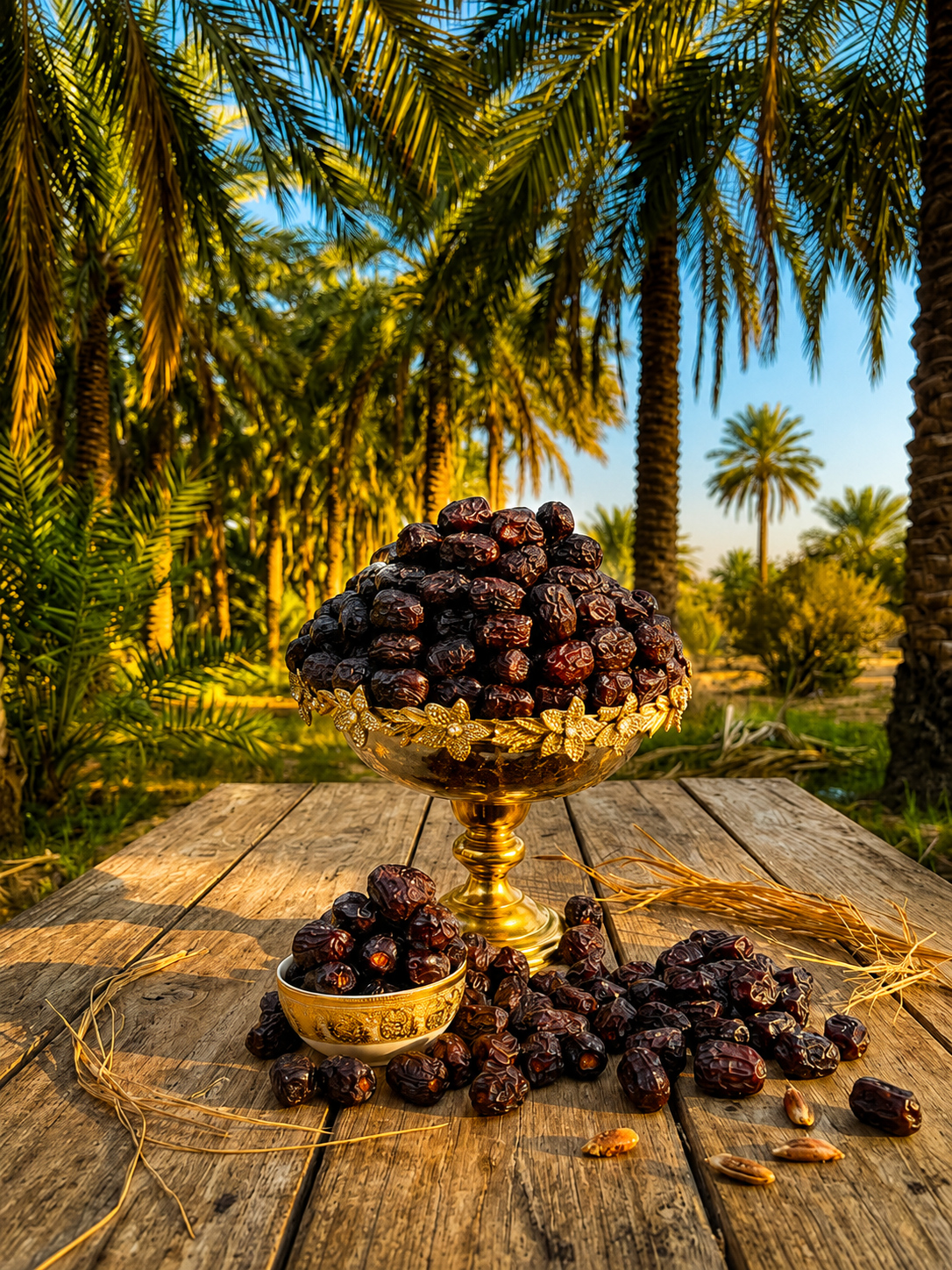Premium dates in a golden bowl with palm grove backdrop